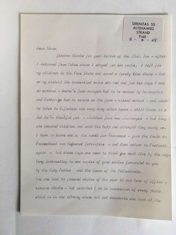 LOVELY VINTAGE LETTER FROM FORMER PRESIDENT WIFE MRS TINI VORSTER - 1988