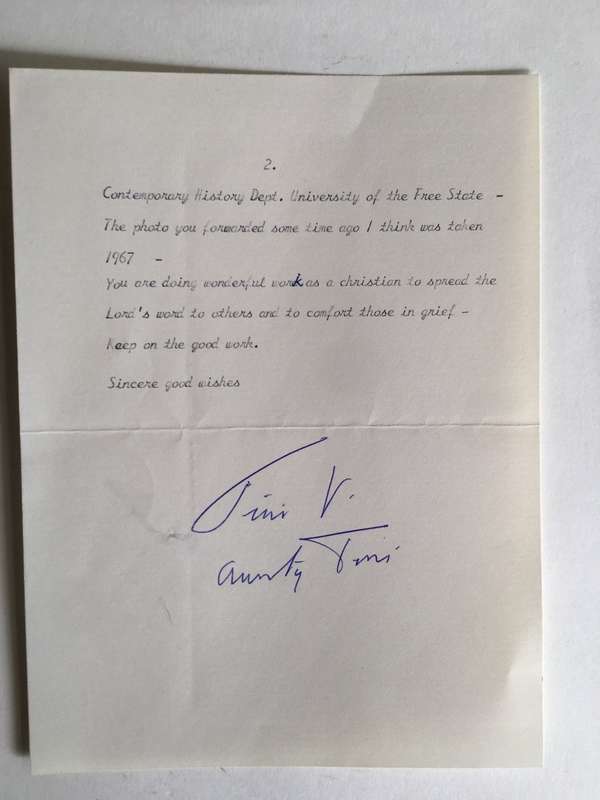 LOVELY VINTAGE LETTER FROM FORMER PRESIDENT WIFE MRS TINI VORSTER - 1988