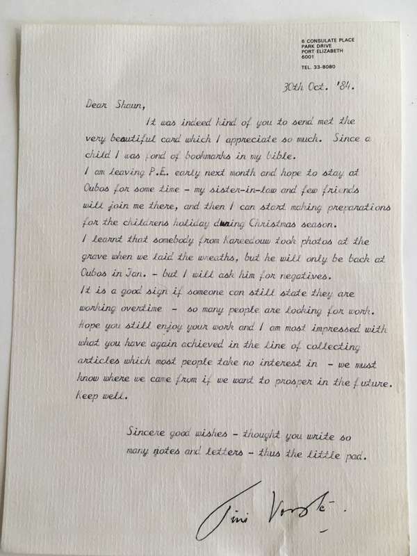 LOVELY VINTAGE LETTER FROM FORMER PRESIDENT WIFE MRS TINI VORSTER - 1984