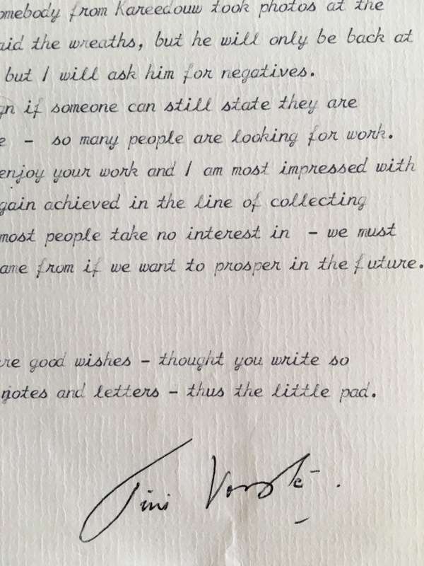 LOVELY VINTAGE LETTER FROM FORMER PRESIDENT WIFE MRS TINI VORSTER - 1984