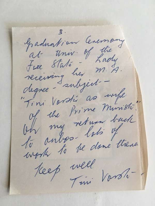 LOVELY VINTAGE LETTER  OF  FORMER PRESIDENT WIFE MRS TINI VORSTER  - 1986