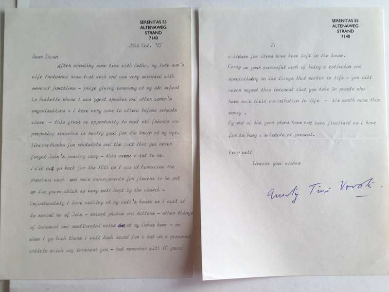 LOVELY VINTAGE LETTER FROM FORMER PRESIDENT WIFE MRS TINI VORSTER - 1987