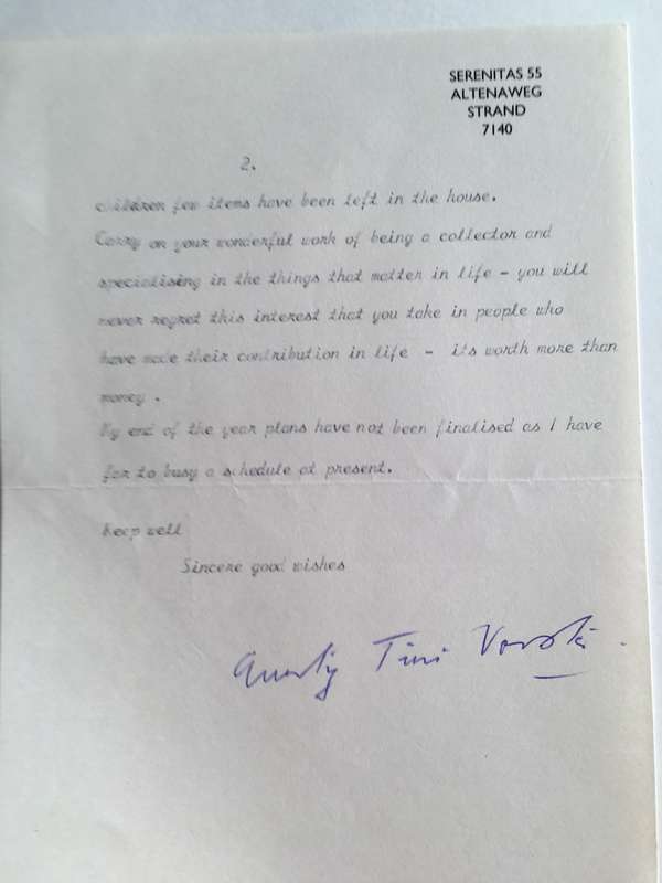 LOVELY VINTAGE LETTER FROM FORMER PRESIDENT WIFE MRS TINI VORSTER - 1987