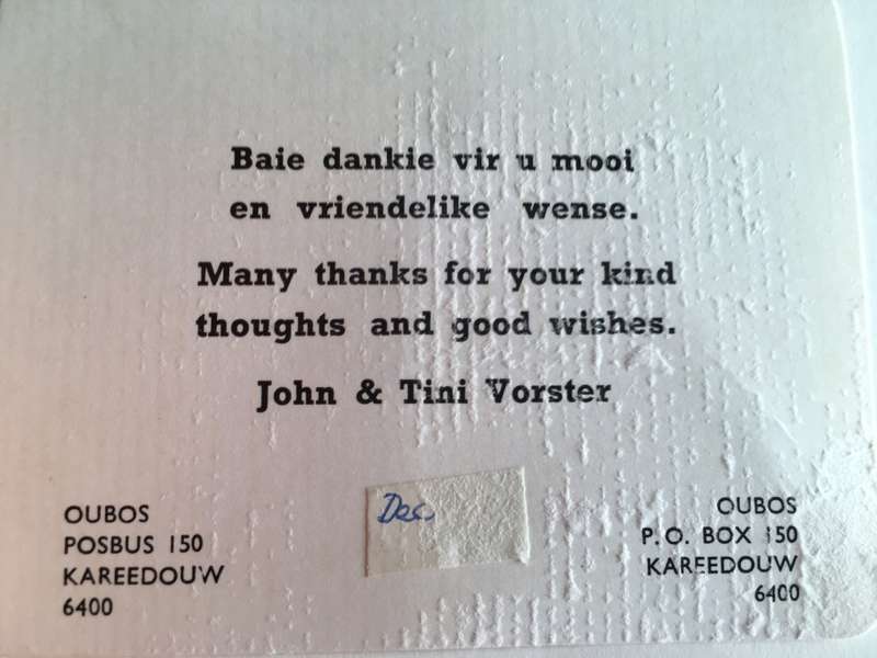 VINTAGE CARDS FROM FORMER PRESIDENT WIFE MRS TINI VORSTER
