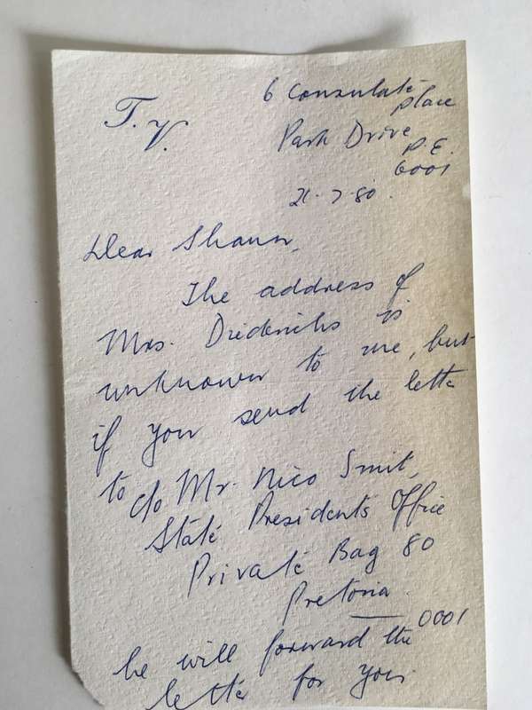 LOVELY LETTER  FROM FORMER PRESIDENT WIFE MRS TINI VORSTER  - 1980