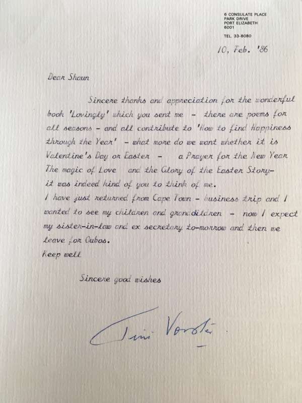 LOVELY LETTER FROM FORMER PRESIDENT WIFE MRS TINI VORSTER - 1986