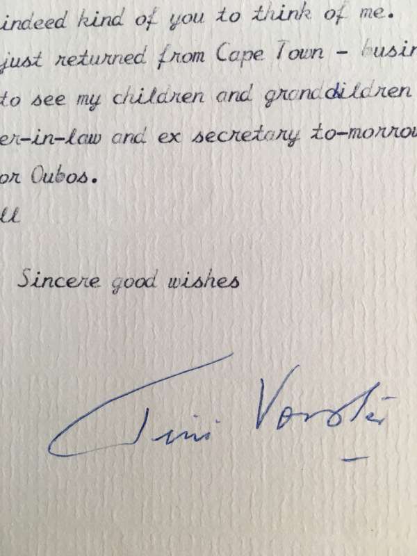 LOVELY LETTER FROM FORMER PRESIDENT WIFE MRS TINI VORSTER - 1986