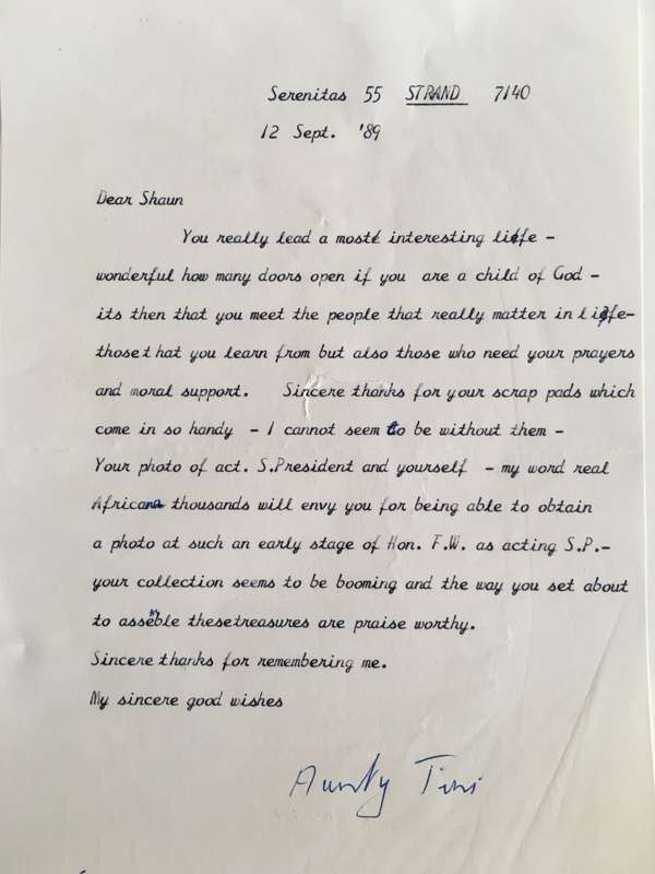 LETTER FROM FORMER PRESIDENT  WIFE MRS TINI VORSTER - 1989