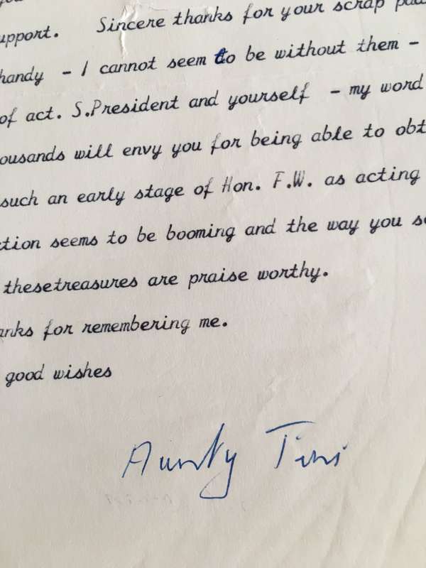LETTER FROM FORMER PRESIDENT  WIFE MRS TINI VORSTER - 1989