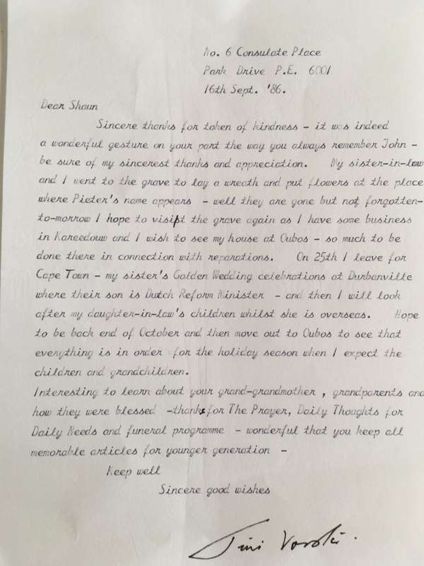 LETTER FROM FORMER PRESIDENT  WIFE MRS TINI VORSTER - 1986