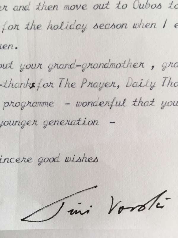 LETTER FROM FORMER PRESIDENT  WIFE MRS TINI VORSTER - 1986