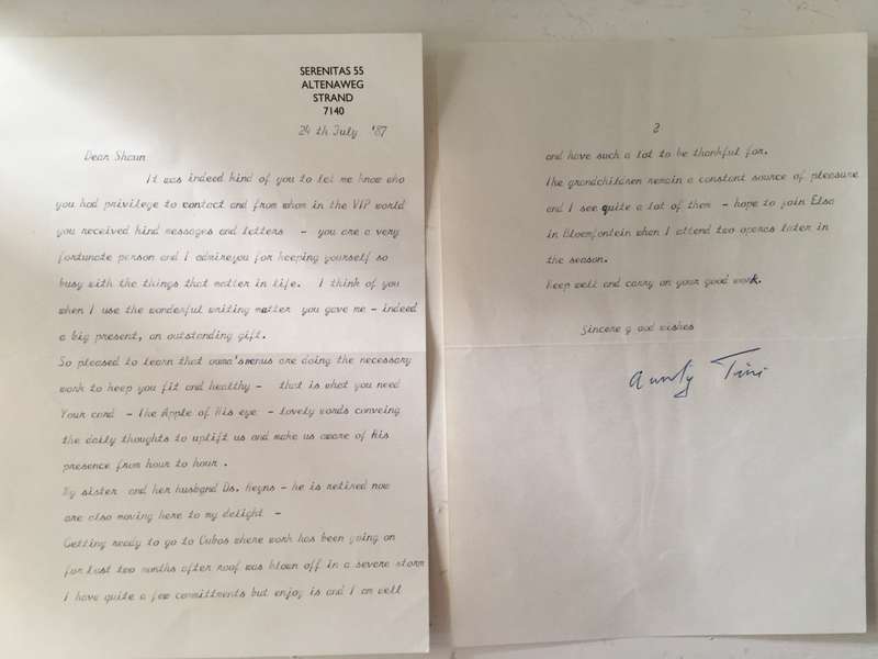 LETTER FROM FORMER PRESIDENT  WIFE MRS TINI VORSTER - 1987