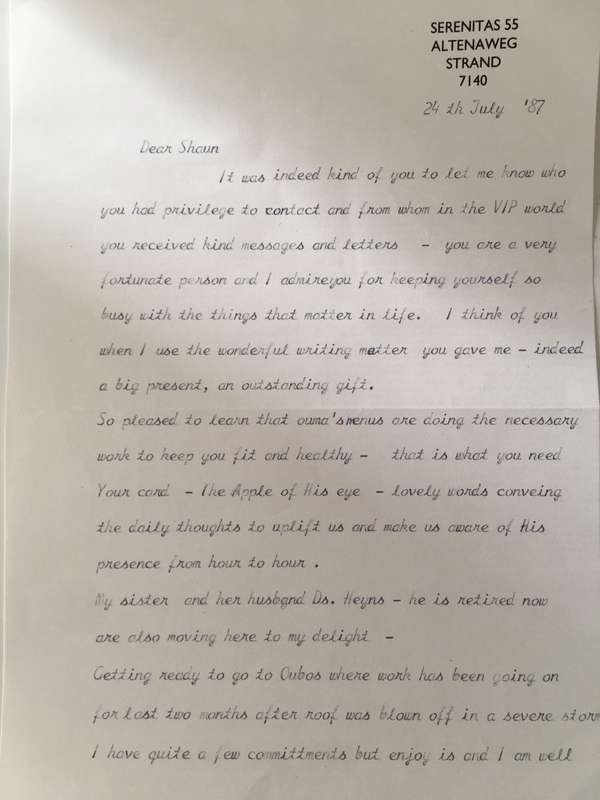 LETTER FROM FORMER PRESIDENT  WIFE MRS TINI VORSTER - 1987