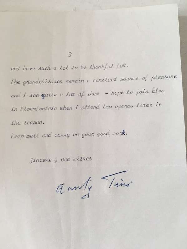 LETTER FROM FORMER PRESIDENT  WIFE MRS TINI VORSTER - 1987