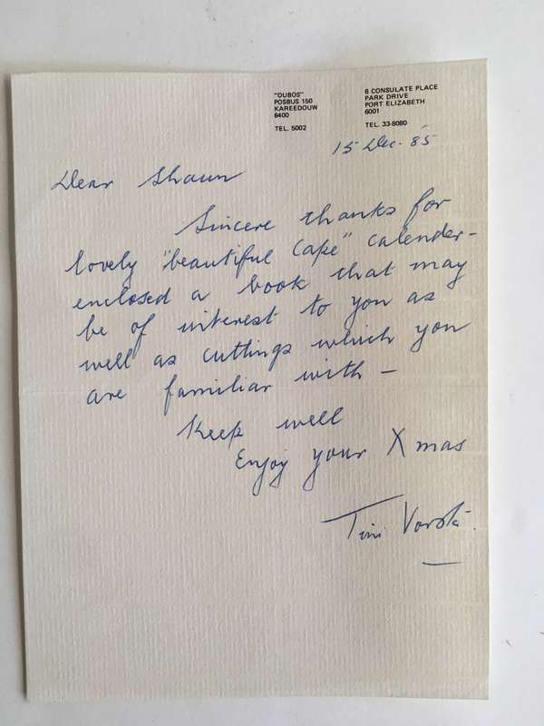 LETTER FROM FORMER PRESIDENT  WIFE MRS TINI VORSTER  AND CARD   83-85