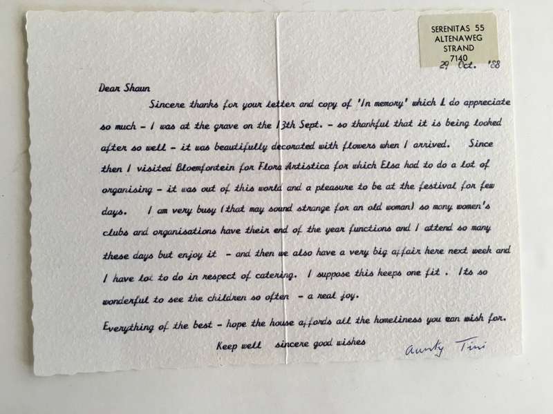 LOVELY LETTER FROM FORMER PRESIDENT WIFE MRS TINI VORSTER - 1988