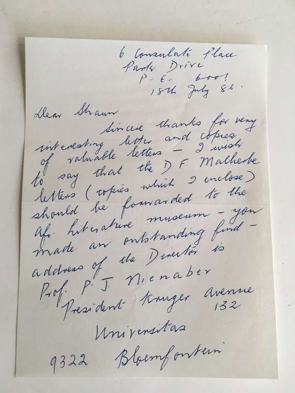 LOVELY LETTER FROM FORMER PRESIDENT WIFE MRS TINI VORSTER - 1986
