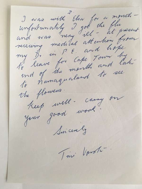 LOVELY LETTER FROM FORMER PRESIDENT WIFE MRS TINI VORSTER - 1986