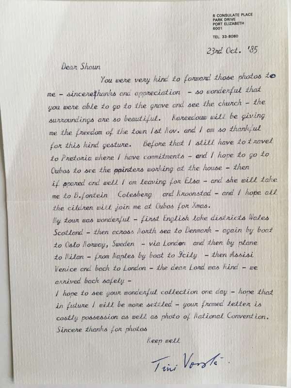 LETTER FROM FORMER PRESIDENT  WIFE MRS TINI VORSTER - 1985