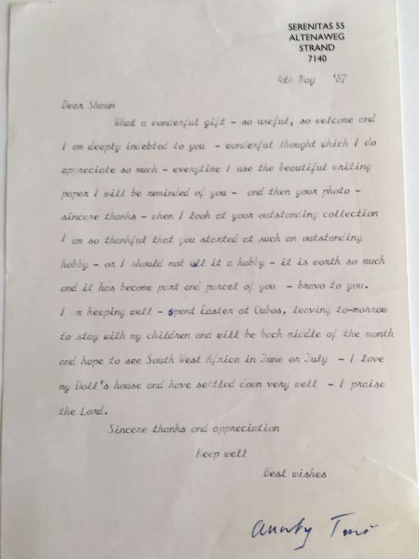 LETTER FROM FORMER PRESIDENT  WIFE MRS TINI VORSTER - 1987