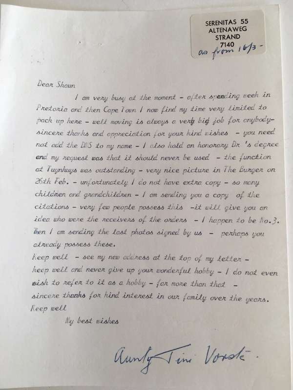 LETTER FROM FORMER PRESIDENT  WIFE MRS TINI VORSTER -