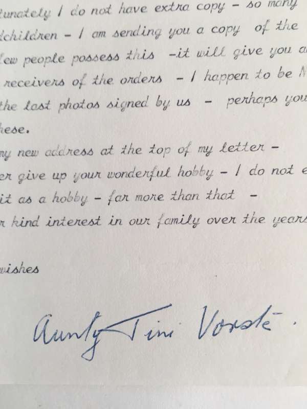 LETTER FROM FORMER PRESIDENT  WIFE MRS TINI VORSTER -