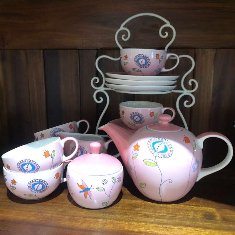 BEAUTIFUL FUN PINK BOHEMIAN FLOWER 15 PIECE TEA SET