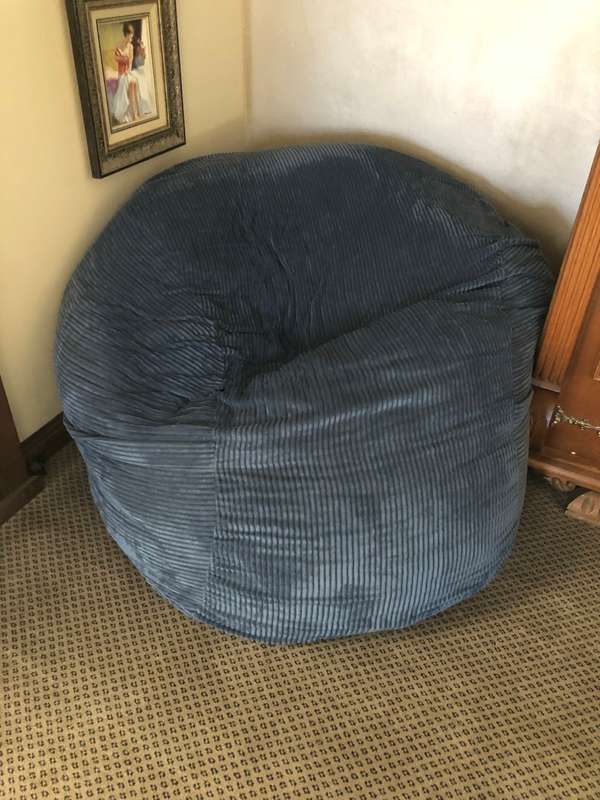 FATSAK INDOOR JUMBO BEANBAG WITH DARK DENIM CORD VELOUR COVER IN VERY GOOD CONDITION