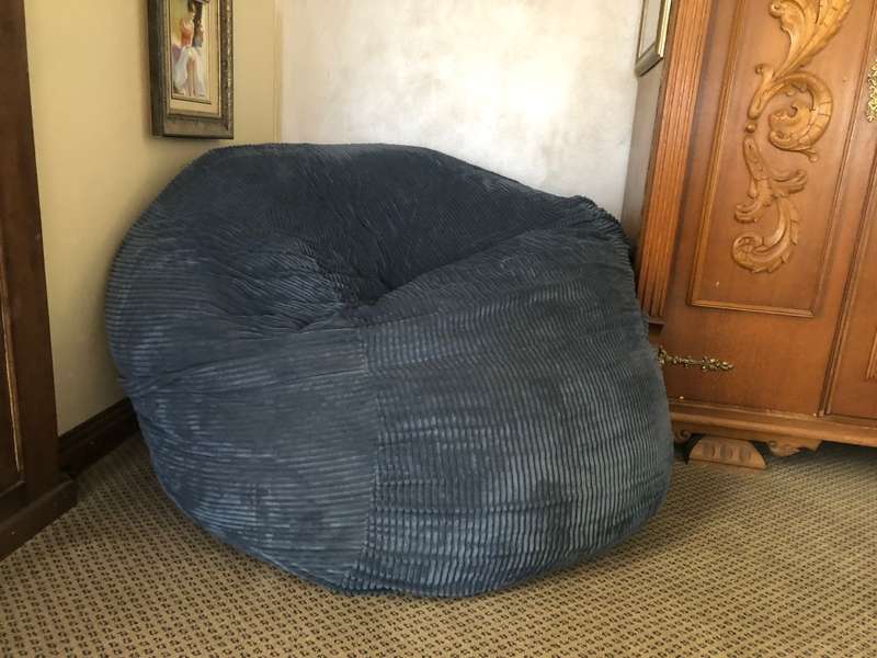 FATSAK INDOOR JUMBO BEANBAG WITH DARK DENIM CORD VELOUR COVER IN VERY GOOD CONDITION