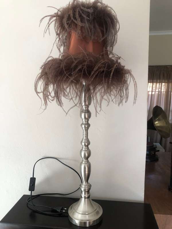 PAIR OF TALL SILVER CANDELABRA BEDSIDE/TABLE LIGHTS AND LUXURIOUS OSTRICH FEATHER LAMPSHADES