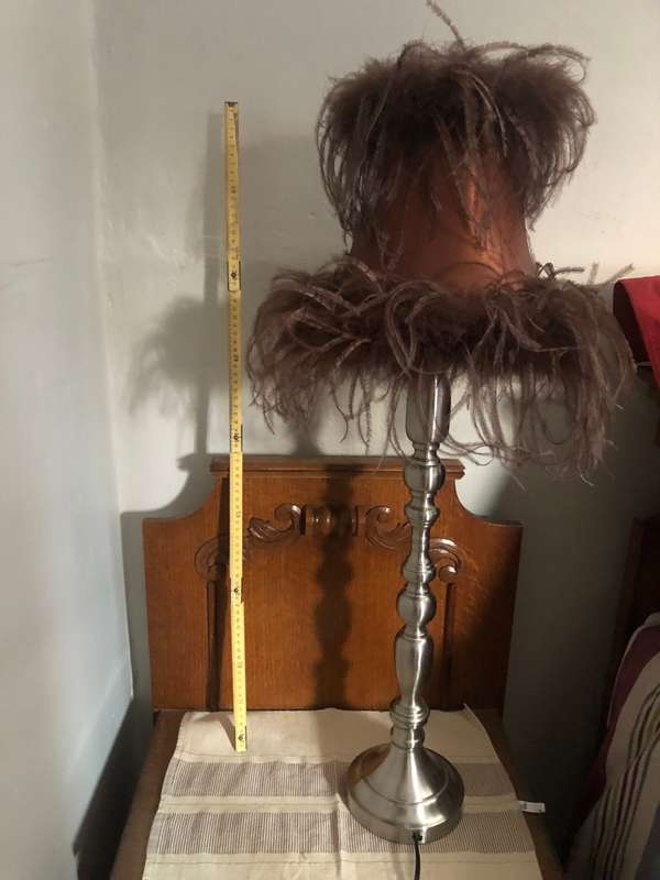 PAIR OF TALL SILVER CANDELABRA BEDSIDE/TABLE LIGHTS AND LUXURIOUS OSTRICH FEATHER LAMPSHADES