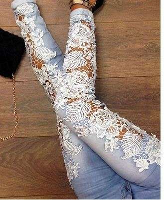 New Fashion Women Jeans Pencil Pants Lace Floral Splice high Waist Hollow out Casual Women's Denim