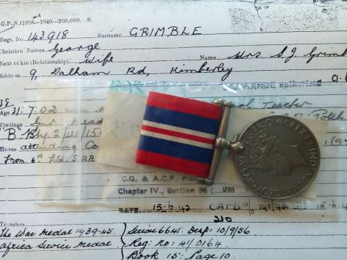1939 / 45 WAR MEDAL WITH COPY SERVICE CARD ...  GRIMBLE