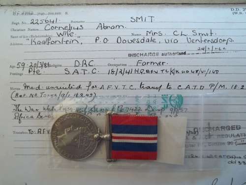 1939 / 45 WAR MEDAL WITH COPY SERVICE CARD ...  SMIT