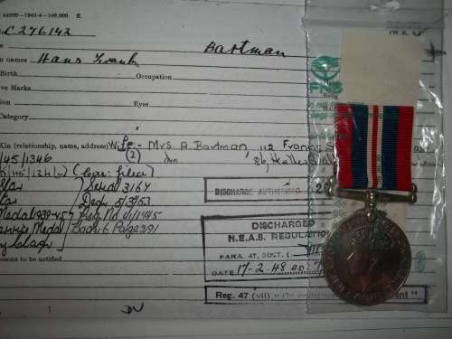 1939 / 45 WAR MEDAL WITH COPY SERVICE CARD ... BARTMAN