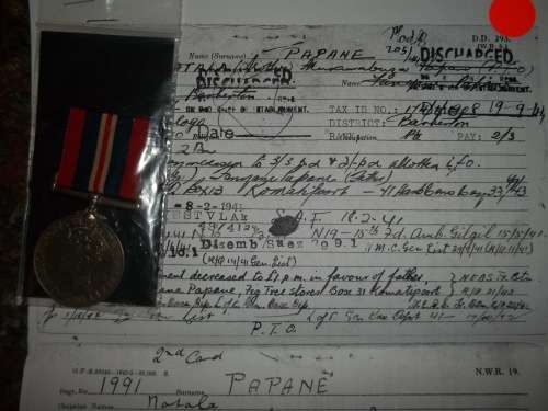 1939 / 45 WAR MEDAL WITH COPY SERVICE CARD ...PAPANE