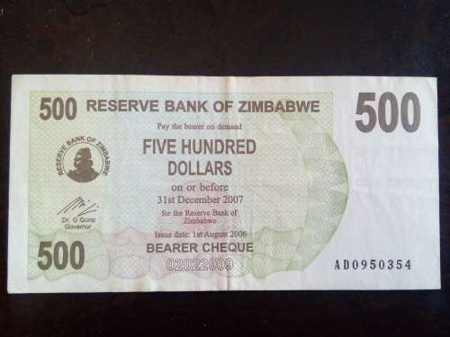 ZIMBABWE 500 DOLLARS 2006 ... VERY GOOD CIRCULATED