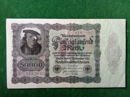 GERMANY 50 000 MARK 1922 .. GOOD CIRCULATED (DAMAGE ON FACE)