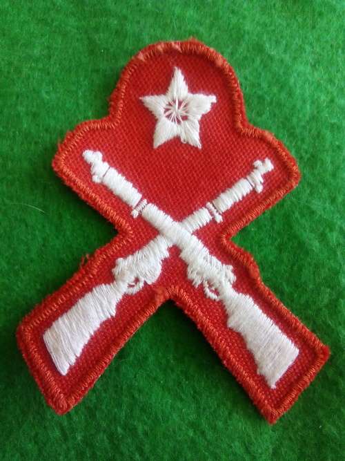 SADF .. SCHOOL CADET MARKSMAN BADGE .. EMBROIDED ON RED