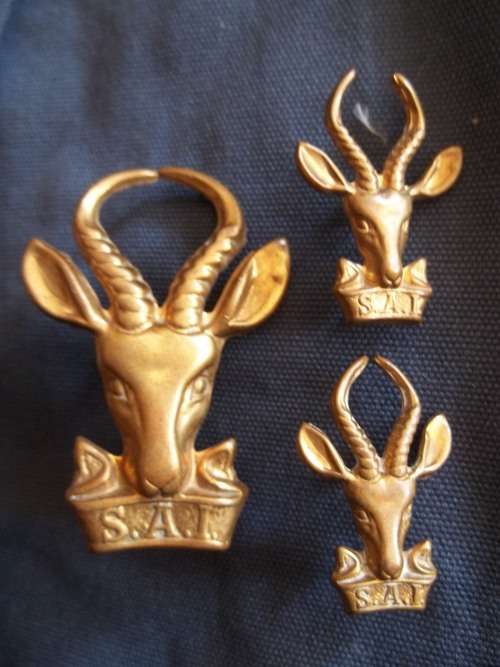 SADF - INFANTRY CAP AND COLLAR BADGES SET SCREW POSTS / PINS INTACT