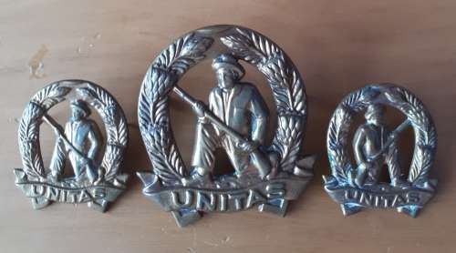 SADF - GILDING COMMANDO (UNITAS) CAP AND COLLAR BADGE SET - PINS / SCREWS INTACT