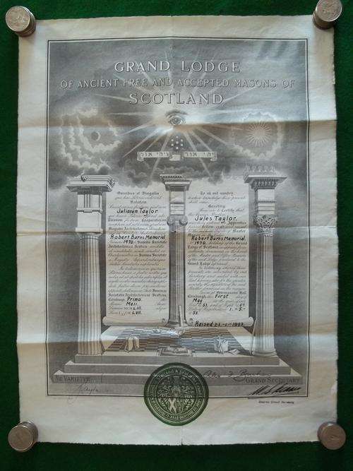 Masonic Freemason Certificate to Julianum Taylor - Robert Burns Memorial Lodge