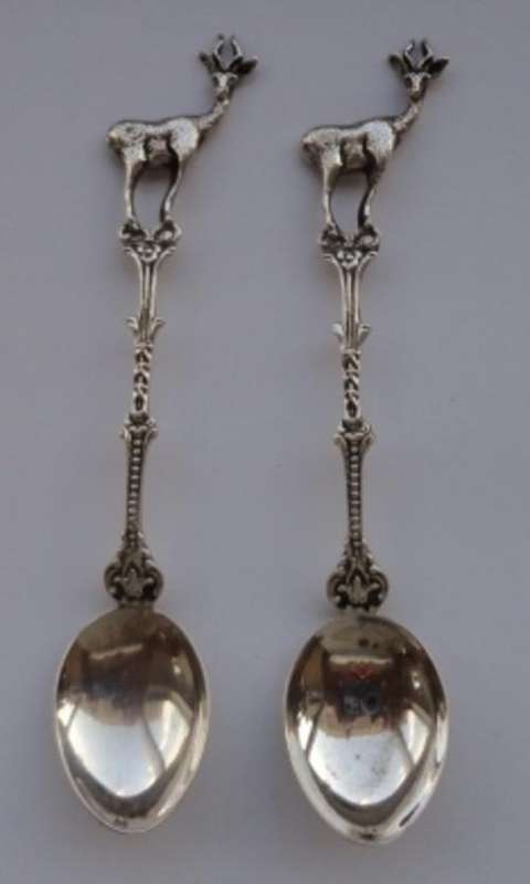 Pair Sterling Silver Tea Spoons With Kudu Finials WT 25.8gms