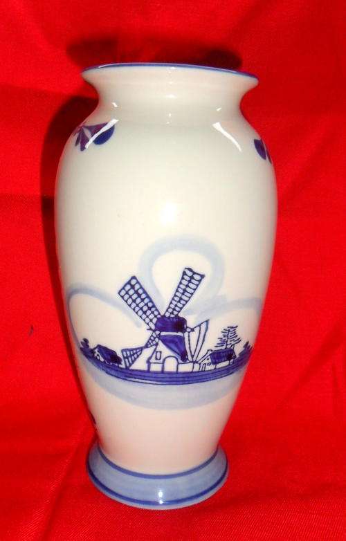 Blue and White Floral & Holland Windmill Motif Vase.