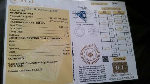 ***IGL CERTIFIED*** STUNNING 0.82ct 'H' COLOUR I2 NATURAL 100% UNTREATED DIAMOND