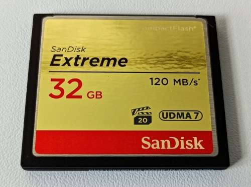 SanDisk Extreme Compact Flash Memory Card 32GB. Up to 120MB/s read and up to 85MB/s write
