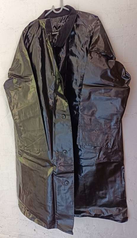 Vintage 1976 shiny black PVC raincoat
