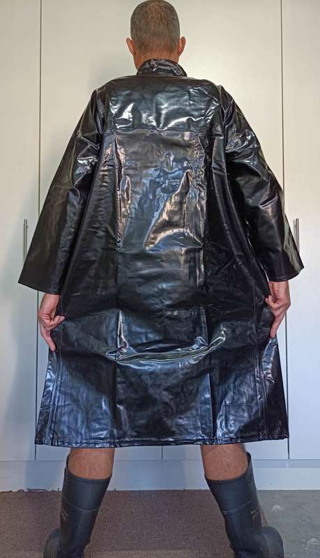 Vintage 1976 shiny black PVC raincoat