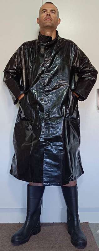 Vintage 1976 shiny black PVC raincoat