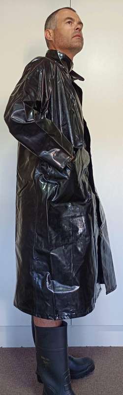 Vintage 1976 shiny black PVC raincoat